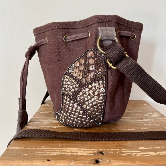American Eagle Brown Canvas Bucket Drawstring Crossbody Bag with Suede Leather - Picture 8 of 11